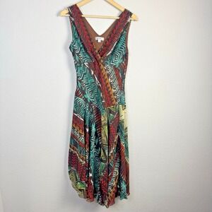 Dressbarn Dress Womens Size 10 Midi V-Neck Drop Waist Boho Festival Hippie Retro